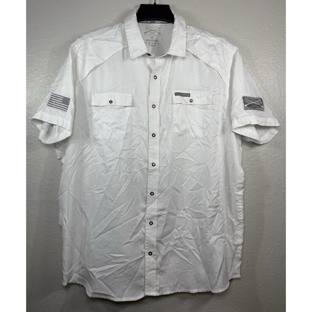 Grunt Style Mens XL White Short Sleeve Button Down Tactical Shirt American Flag